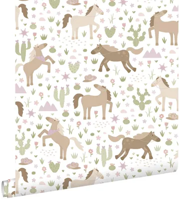 Imagen del producto de ESTAhome papel pintado caballos marrón, verde y morado 50 x 900 cm
