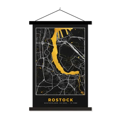 Produktbild von MuchoWow® Textilposter Rostock - Stadtplan - Gold - Karte - Deutschland 60x90 cm mit schwarzem Rahmen - Poster Wohnzimmer
