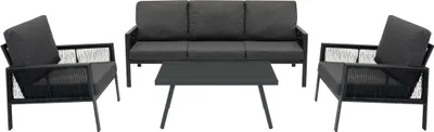 Image de Ensemble de mobilier de jardin en aluminium 5 places, gris anthracite, 4 pièces : salon de terrasse, coin repas, canapé 3 places, 2 fauteuils, table basse. Résistant aux intempéries, rembourrage épais, housses lavables, housse de protection imperméable