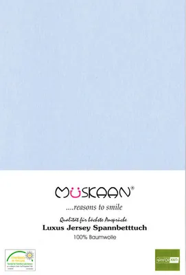 A light blue fabric with brand logo and product information.