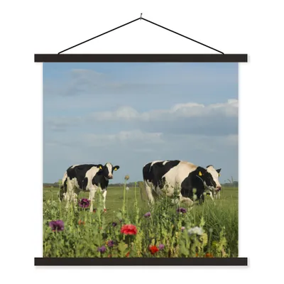 Produktbild von MuchoWow® Textilposter Kuh - Blumen - Gras - Tiere 40x40 cm mit schwarzem Rahmen - Fotos
