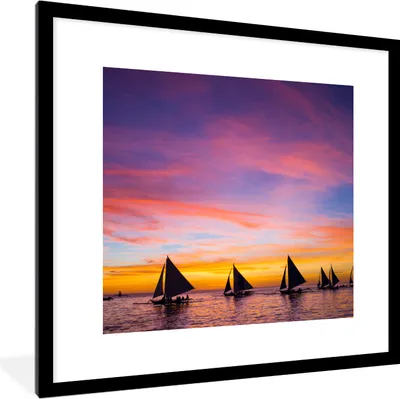 Produktbild von MuchoWow® MuchoWow® Gerahmtes Poster Sonnenuntergang mit Segelbooten am Strand von Boracay 40x40 cm - Poster mit zchwarzem Bilderrahmen - Poster - Plakat im Rahmen