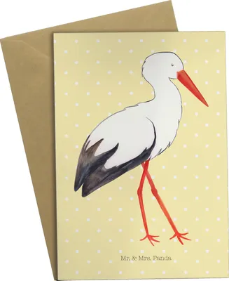 Produktbild von Mr. & Mrs. Panda Klappkarte Storch - Gelb Pastell - Geschenk, Lustige Sprüche, Mutter, glückwunschkarten, einladungskarten, Mütter, hochzeitskarten, weihnachtskarten
