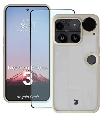 Produktbild von Schutzhülle + gehärtetem Glas für Nothing Phone (3), Bizon Angelo Pack, Semitransparent mit beigem Rahmen