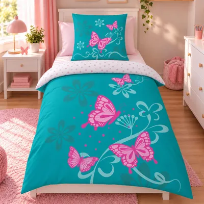 Produktbild von Bettwäsche Butterfly 135x200 80x80 cm aus 100% Baumwolle mit Reißverschluss; Wende Bettwäsche Türkis & Weiß Schmetterlinge