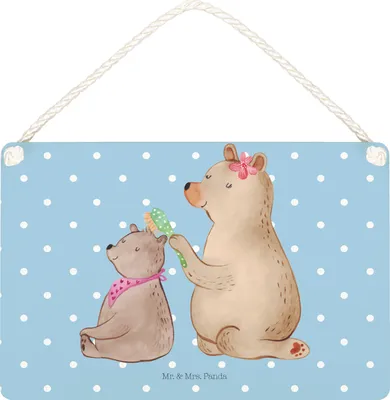 Produktbild von Mr. & Mrs. Panda Schild Bär Kind DIN A5 - Blau Pastell - Geschenk, Mutter, Holzschild, Bären, Muttertag, Mama, Türschild, holzbild, Wandschild, kleine aufmerksamkeit