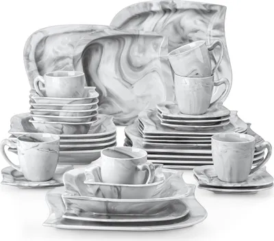 Zdjęcie produktu dla 36-częściowy porcelanowy serwis obiadowy, serwis kombinowany w kolorze marmurowej szarości, zestaw naczyń z talerzem obiadowym, talerzem deserowym, talerzem do zupy, serwisem do kawy i miską