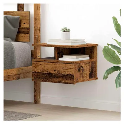 Produktbild von Schwebender Nachttisch mit Schublade aus antikem Holz, 40 x 31 x 27 cm, hängender Beistelltisch mit Schublade und offenen Fächern für Schlafzimmer und Wohnzimmer