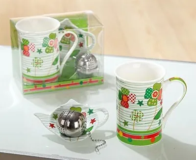 Produktbild von Teetasse Set 3-teilig Henkelbecher mit Teeei und Tellerchen Geschenkset Motiv Blumen Gilde