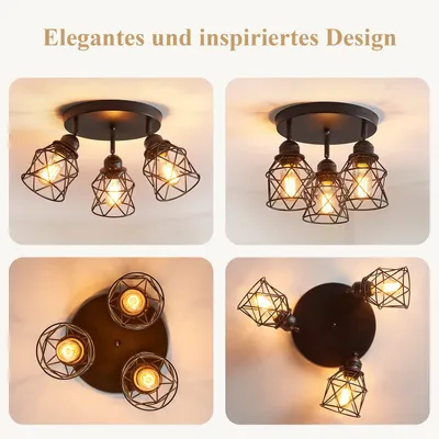 Produktbild von Deckenleuchte Vintage Schwenkbar Deckenstrahler E27 3-Flammige Deckenlampe Deckenspot für Wohnzimmer, Schlafzimmer, Küche, Flur