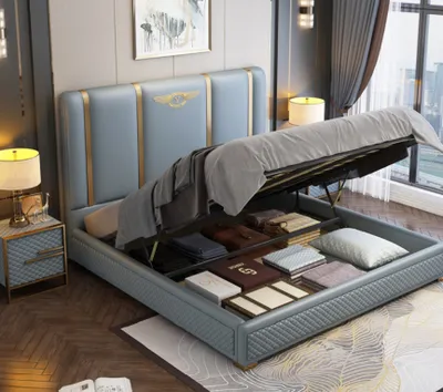 Obrázok produktu pre Bett Polster Design Luxus Metall Doppel Betten Ehe Schlaf Zimmer Leder Hotel