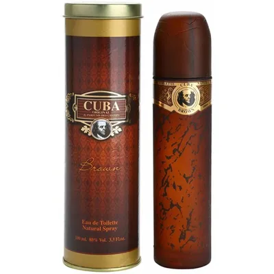 A bottle of Cuba Brown Eau de Toilette and its cylindrical packaging are displayed side-by-side against a white background.