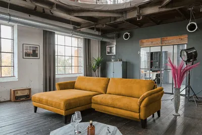 Produktbild von KAWOLA Sofa MALTA Ecksofa Stoff gold mit motorischer Relaxfunktion Recamiere links