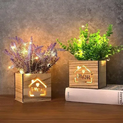 Immagine prodotto di Cassetta luminosa a LED in legno - 2 pezzi - 11 x 9 x 26 cm - Decorazione per l'ufficio e il soggiorno
