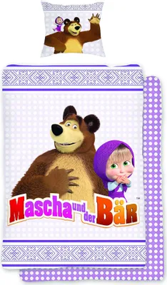 A bedding set featuring characters from the "Masha and the Bear" cartoon.