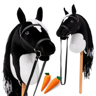 Produktbild von Hoofly® Hobby Horse Schwarz (Schecke) - Großes Steckenpferd für Kinder A3 mit Schraubstab/Hobby Horse Pferde Set mit Trense