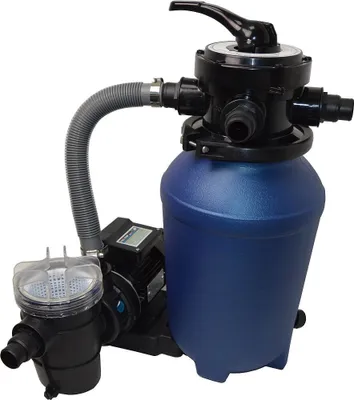 A sand filter system for a swimming pool, shown against a white background.