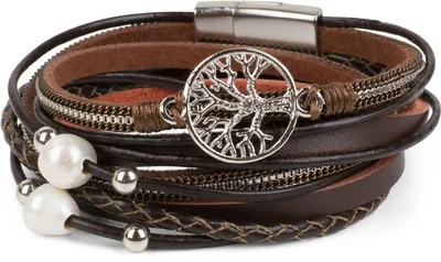 Produktbild von styleBREAKER Wickelarmband mit Perlen, Ketten, Flecht Element und Lebensbaum Anhänger, Magnetverschluss, Armband, Damen 05040070
