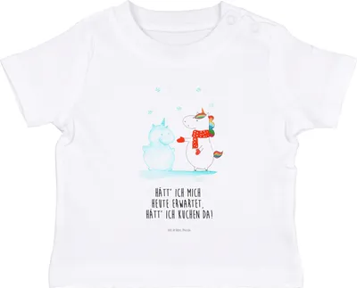 Produktbild von Mr. & Mrs. Panda  T-Shirt Einhorn Schneemann 0. - 6. Monat - Weiß - Geschenk, Öko Baby, Kinder, Schnee, Organic, Winter, Unicorn, Babyshirt, Mütze, Kuchen, Weihnachten