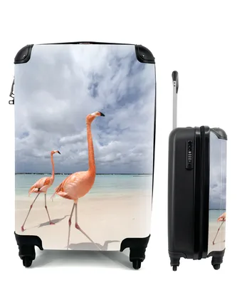 Produktbild von MuchoWow® Koffer Handgepäck Trolley Rollkoffer Kleine Reisekoffer mit 4 Rollen - Zwei stolze Flamingos spazieren am Strand - Cabin Size < 55x40x23 cm & 55x40x20 cm - Fotokoffer - Kabinenkoffer - Boardgepäck - Reise-Box - Reisekoffer - Reisegepäck - Koffer mit Bild - Trolley für Kinder