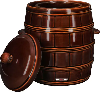 A brown ceramic barrel-shaped pot with its lid off to the side, on a white background.