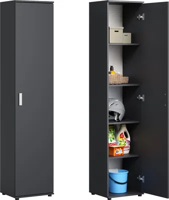 A tall, narrow cabinet shown from the front and with the door open, revealing shelves with various household items.
