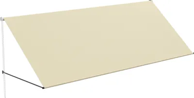 A beige retractable awning mounted on a white pole against a white background.