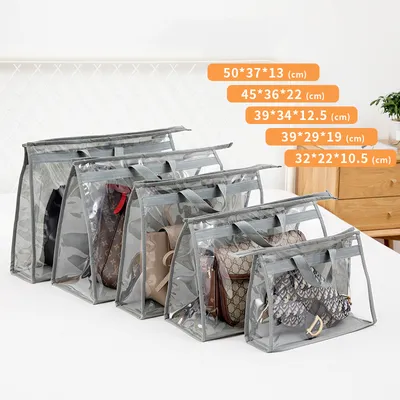 A row of clear storage bags for handbags, with size dimensions displayed in orange boxes above.