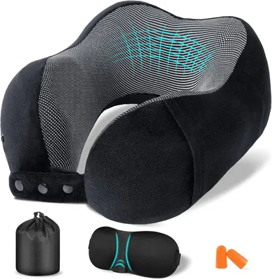 Produktbild von Nackenkissen für Flugreisen, Nackenhörnchen für Erwachsene, Reisekissen aus Memory-Schaum, Verstellbares Reisekopfkissen, Schmaler Rücken, Reisekissen mit Schlafmaske und Ohrstöpseln, Schwarz