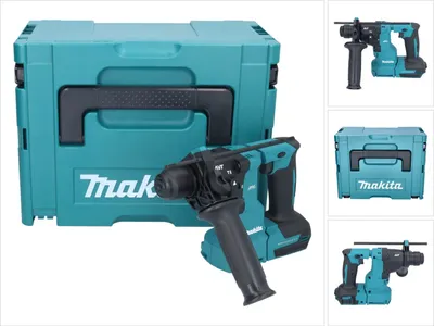 A collage of images showing a Makita rotary hammer drill and its storage case.