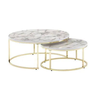 Produktbild von Couchtisch 2er Set Weiß Gold Marmor Optik Sofatisch Rund Modern, Couchtische 2-teilig Metall, Runde Wohnzimmertische, Design Satztische