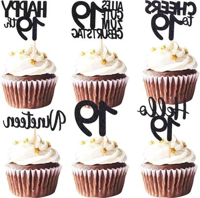 Produktbild von Glitzernde Jubiläumsdekoration für das 19. Jubiläum, 24 Stück, Muffin-Dekorationen mit Glitzer, geeignet für Jungen und Mädchen.