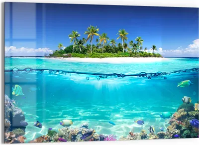 Produktbild von DEQORI Glasbild Echtglas 90x60 cm 'Insel im tropischen Meer' Wandbild Bild modern Deko