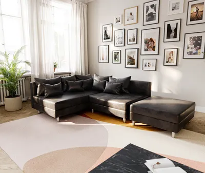 Produktbild von DELIFE Ecksofa Clovis Anthrazit Antik Optik Hocker Ottomane Links Modulsofa