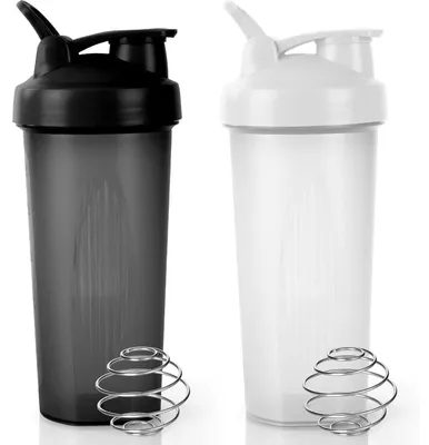 Productafbeelding van Proteïneshaker van 600 ml met meetstreep en roestvrijstalen mengbol, BPA-vrij, lekvrij, zwart en wit
