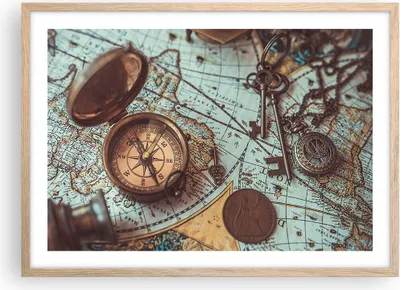 Produktbild von Gerahmtes Poster - Rahmen in heller Eiche - Kompass Vintage Karte - 70x50 cm - Wand Bild - Wanddeko - Wandbilder - Wandposter - Bilderrahmen - Bilder - Kunstdruck - Wandbild - P2NAA70x50-4302