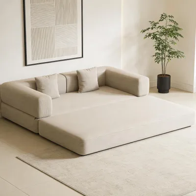 Produktbild von Schlafsofa mit Cordbezug - Off White - 3-Sitzer mit zylindrischem Kissen - Hochdichter Schaumstoff - Keine Montage erforderlich