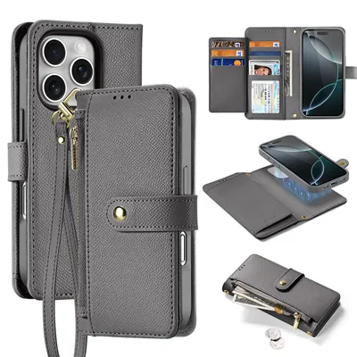 Productafbeelding van Lederen telefoonhoesje Dux Ducis met magneetsluiting en afneembare portemonnee voor iPhone 16 Pro - Grijs