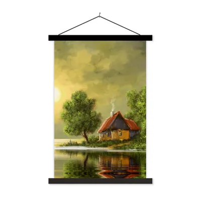 Produktbild von MuchoWow® Textilposter Gemälde - Ölfarbe - Haus - Natur - Wasser 40x60 cm mit schwarzem Rahmen - Wanddekorationen