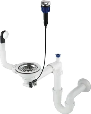 A white sink siphon with a chrome strainer and a black pull-chain mechanism.