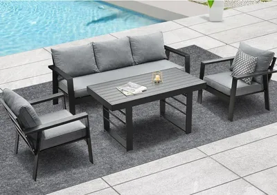 Produktbild von Gartenmöbel Set Aluminium 4-TLG. Sofa Einzelsessel Esstisch Auflagen Schwarz