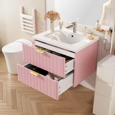 Produktbild von Fortuna Lai Hängendes Einzelbecken-Waschschrank mit Waschbecken, doppelter Aufbewahrung, feuchtigkeitsbeständigem MDF, schmutzresistenter Keramikwaschbecken, lackfreier Melaminoberfläche, platzsparend, in Rosa
