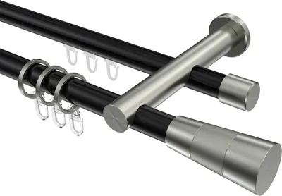 Produktbild von Interdeco Rundrohr-Innenlaufstange / Gardinenstange (Kombination) Schwarz / Edelstahl-Optik, Typ Platon Tanara (Konus Bicolor), 20 mm Ø 2-läufig, 260 cm