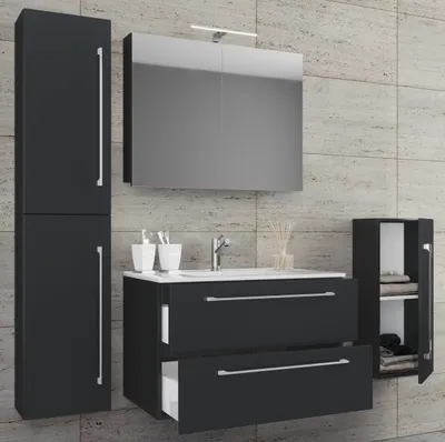 Produktbild von VCM 5-tlg. Set | 1 Waschtisch mit zwei Schubladen, 1 Spiegelschrank, 1 Waschbecken, 1 Midischrank, 1 Hochschrank | Keramik Waschbecken | hängend Unterschrank 60 cm | Badmöbel Set Waschplatz – Badinos