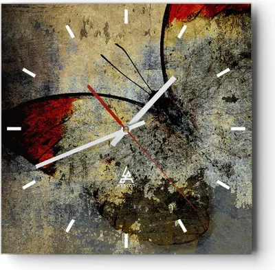 Produktbild von Wanduhr - Quadrat - Glasuhr - Schmetterling Abstraktion - 30x30cm - Schleichendes Uhrwerk - Lautlos - zum Aufhängen bereit - Dekoration Modern - Wanddekoration aus Glas - C3AC30x30-3678