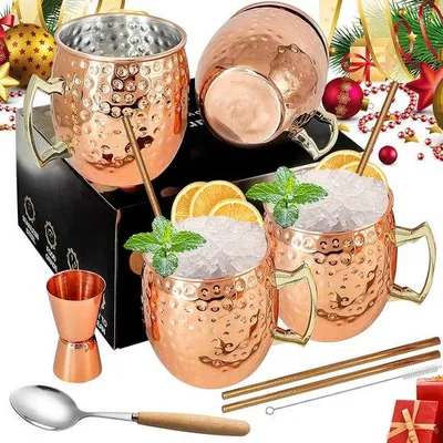 Produktbild von Famanu Kupferbecher Set 4-teilig - 540 ml, rostfreier Edelstahl, ideal für Cocktails