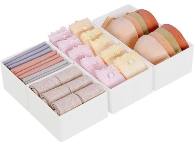 Zdjęcie produktu dla Organizer do szuflad, 4 sztuki, składane, do bielizny, skarpet, krawatów, pasków, kolor biały, wymiary: 30x15x9 cm i 15x15x9 cm