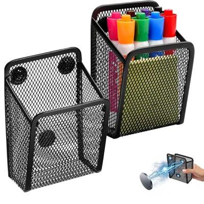 Image de Panier de rangement magnétique en deux parties avec porte-crayons, en filet, organiseur de bureau pour tableau blanc, casier, réfrigérateur, bureau et cuisine (noir)