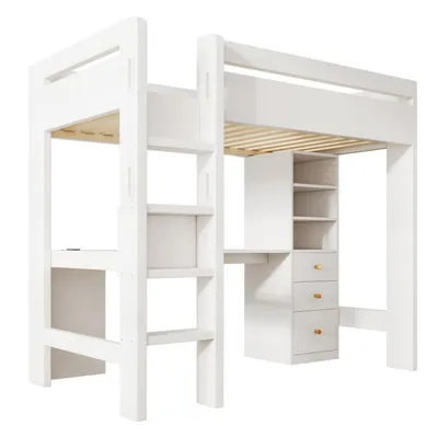 Produktbild von Kinderbett Hochbett mit L-förmigem Schreibtisch, Regalen und Schubladen mit USB/Type-C Ladebereich, Jugend-Einzelbett mit Leiter und Holzlattenrost