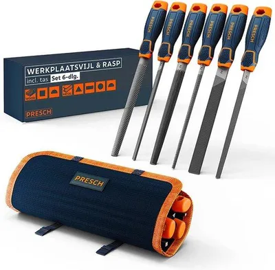 Productafbeelding van Presch vijlen set, metaal en hout, 6-delig, inclusief transporttas - Hoogwaardige professionele vijlen set met een handvat, bestaande uit: halve ronde rasp, platte platte vijl, halve ronde vijl, ronde vijl, driehoekige vijl en vierkante vijl